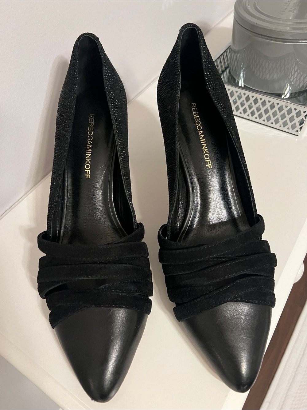Rebecca Minkoff Black Pointed-Toe Suede-Accented Pumps